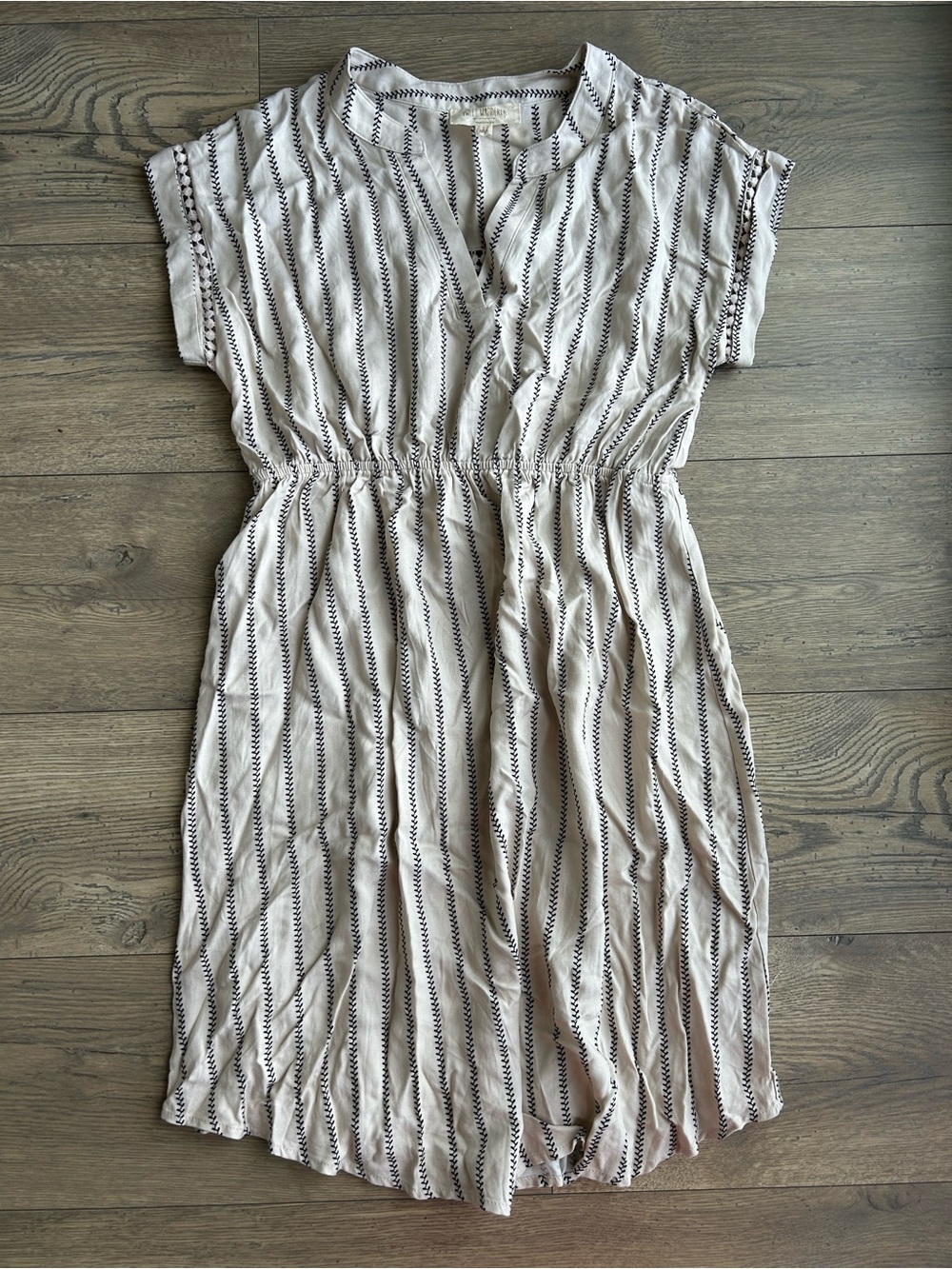 Sweet Wanderer Cream Striped Drawstring Waist Dress